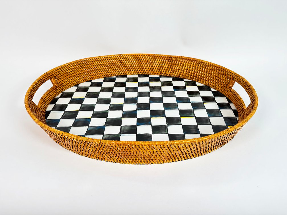 MacKenzie-Childs rattan & enamel Courtly Check party tray. 