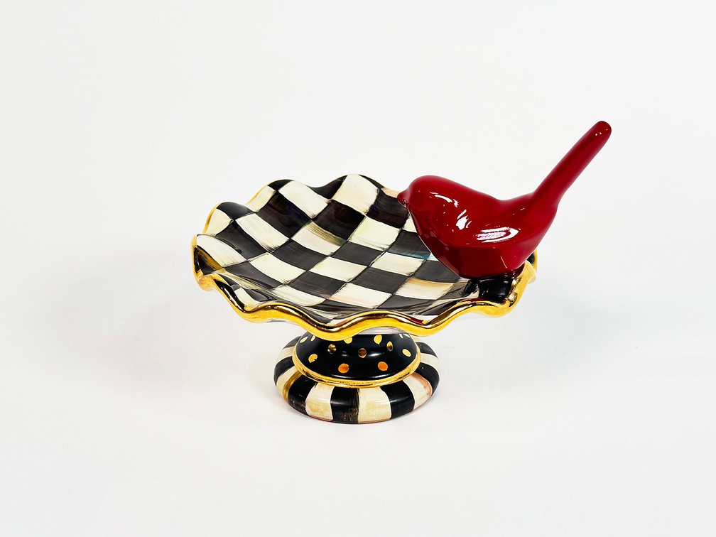 Retired rare MacKenzie-Childs Courtly Check enamel ring dish with red bird. 