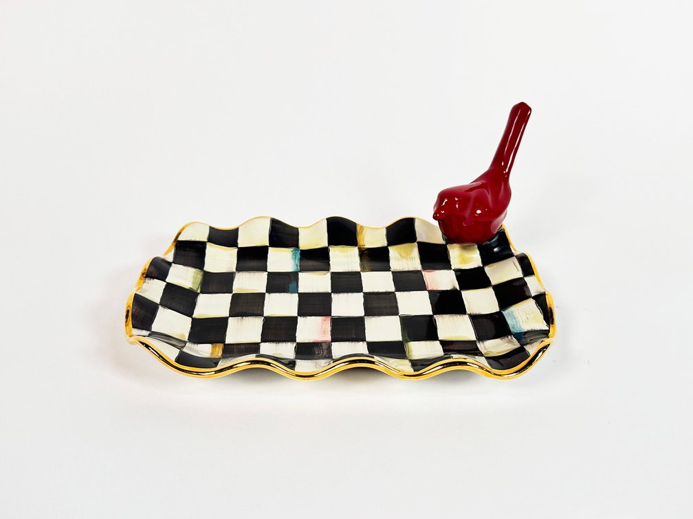 Retired rare MacKenzie-Childs Courtly Check enamel platter with red bird.