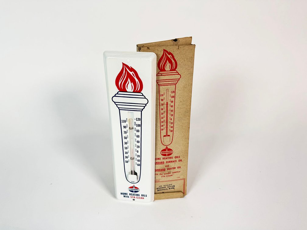 1950s Standard Heating Oils tin thermometer still in the original box. 
