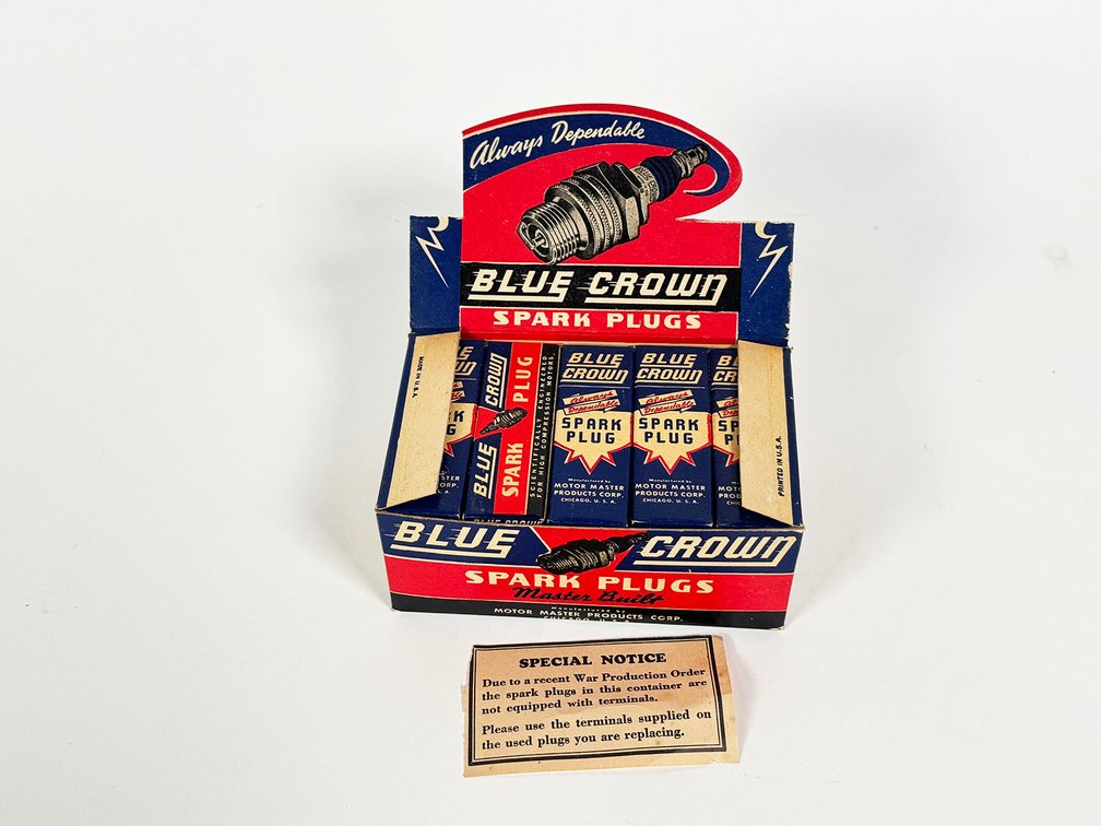 NOS 1930s Blue Crown Spark Plugs countertop display box. 