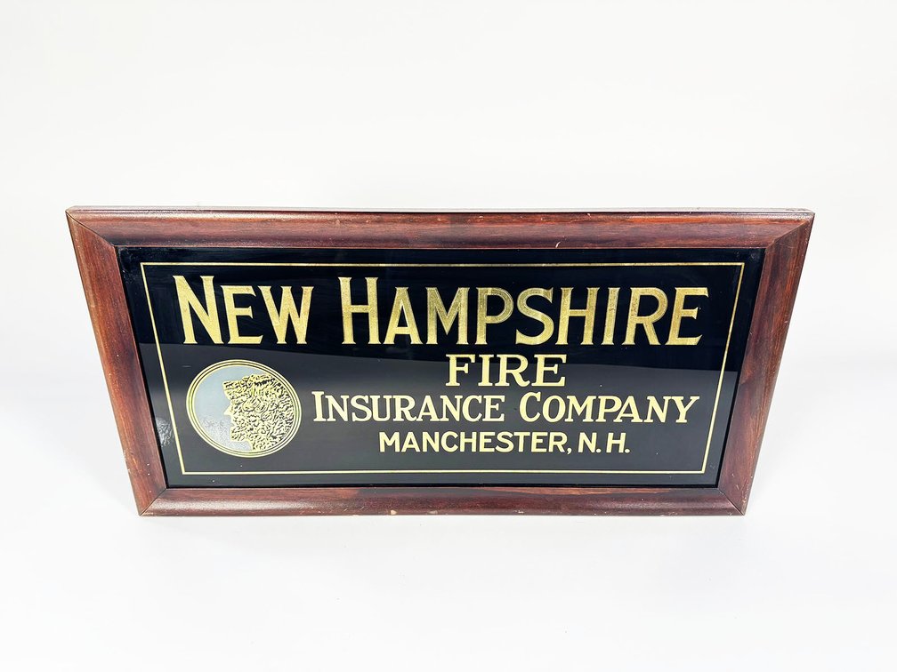 1910s New Hampshire Fire Insurance glass-faced wood-framed sign. 