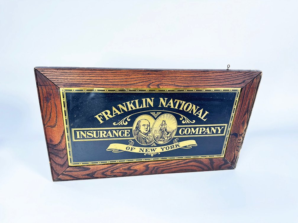 Circa late teens-early twenties Franklin National Insurance Company of New York glass faced/gold leaf sign. 