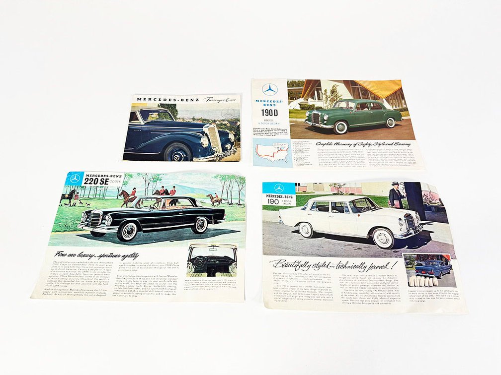 1938 Mercedes Benz full-line brochure and three late 1950s-early 60s Mercedes showroom sales vehicle spec sheets. 