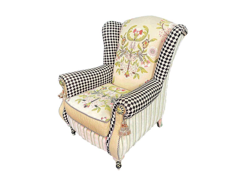MacKenzie-Childs Harden upholstered wing chair. 