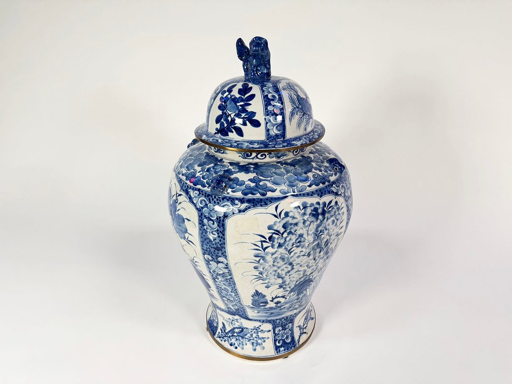 Large Maitland Smith hand-painted Chinoiserie urn with brass trim. 