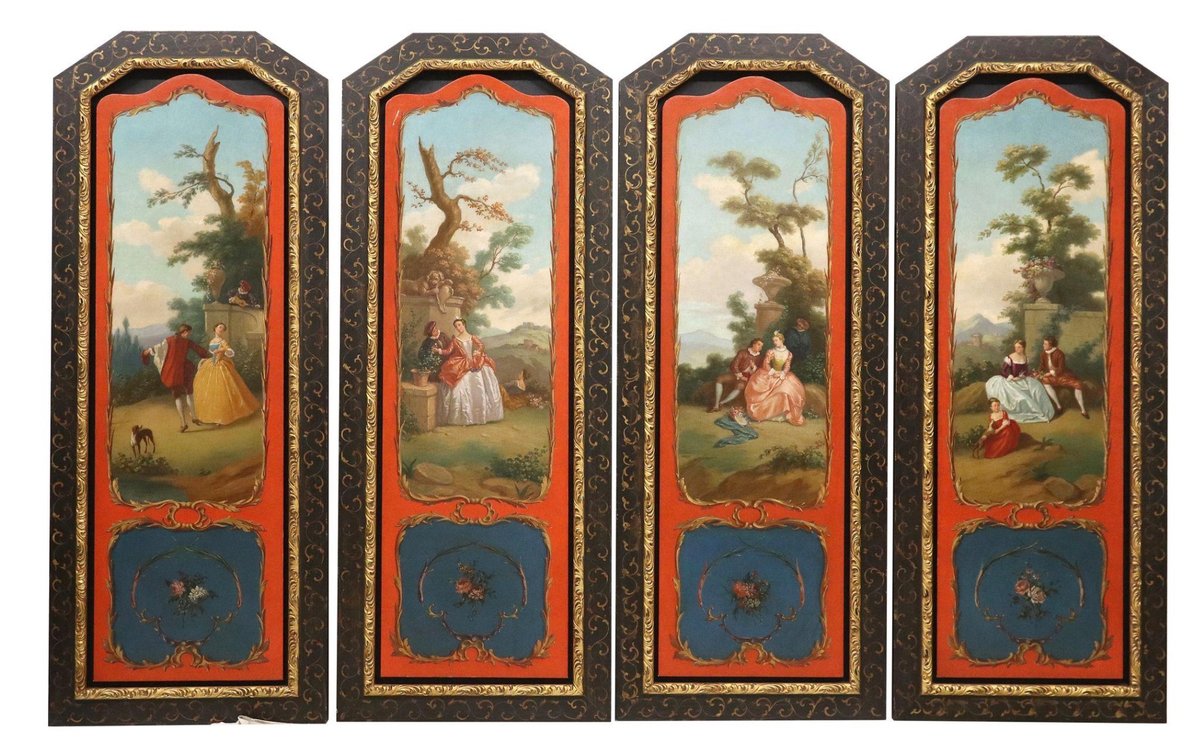 Lot of (4) Framed architectural wall panels, oil on stretched canvas, depicting French figural courtship scenes, scrolled border and lower floral spray.
