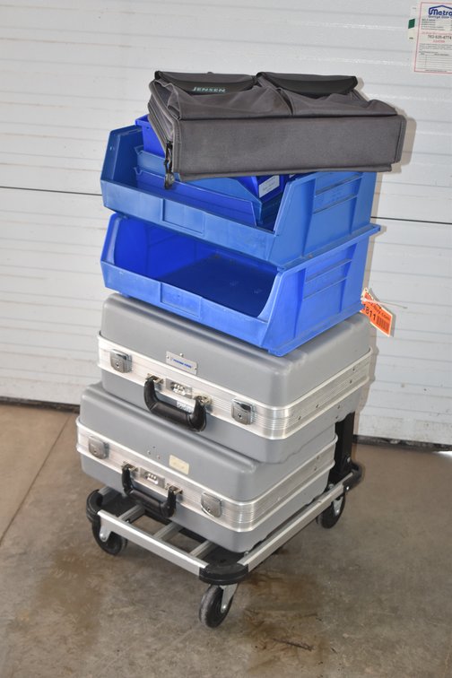 Folding Cart With (3) Empty Bags/Storage Containers & (5) Blue Plastic Bins