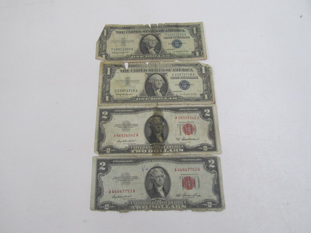 (2) 1 Dollar Silver Certificates  And (2) Red Seal 2 Dollar Bills