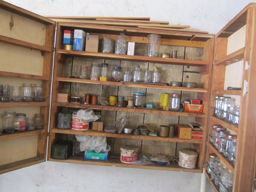 Wood Wall Cabinet Full Of Assorted Hardware