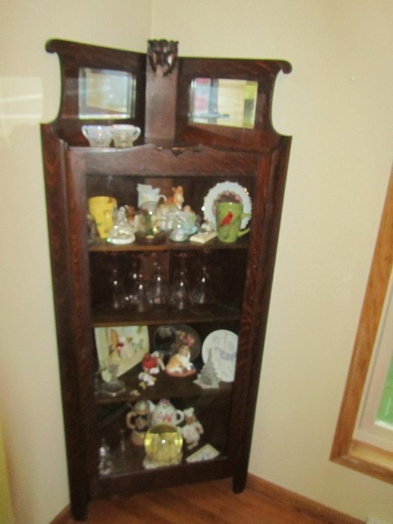 Antique Oak Corner Cabinet W/Key