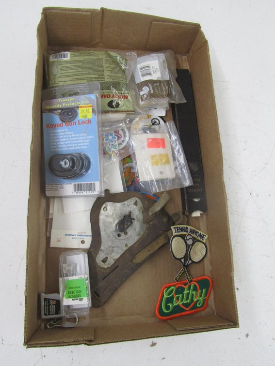Flat Of Patches, Pins, Gun Lock, Carcass Bag