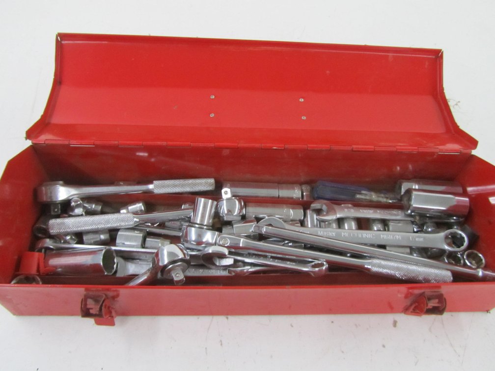 Metal Tool Box Full Of Socket Wrenches And Sockets