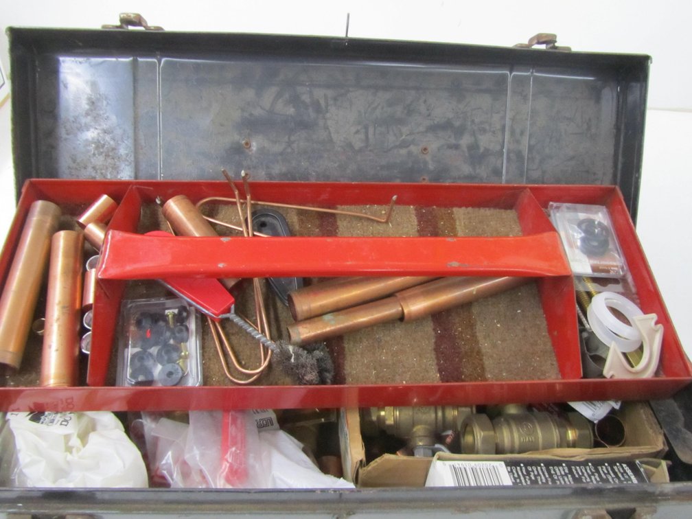 Metal Tool Box Full Of Plumbing Hardware And More