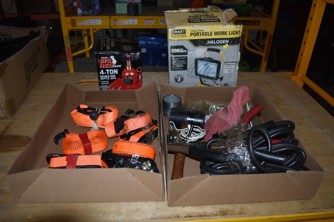 Torn Big Rack 4 Ton Bottle Jack, Hologram Work Light Tie Downs + Jumper Cables, Grease Gun