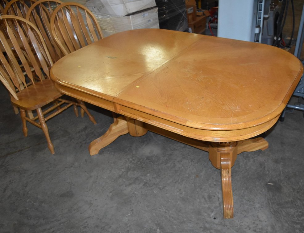 Wood Table W/ 6 Chairs + Stool