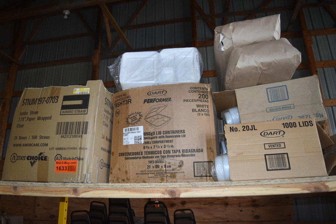 Assorted Food Service Supplies, To Go Supplies, Straws, Containers, Lids, Aprons