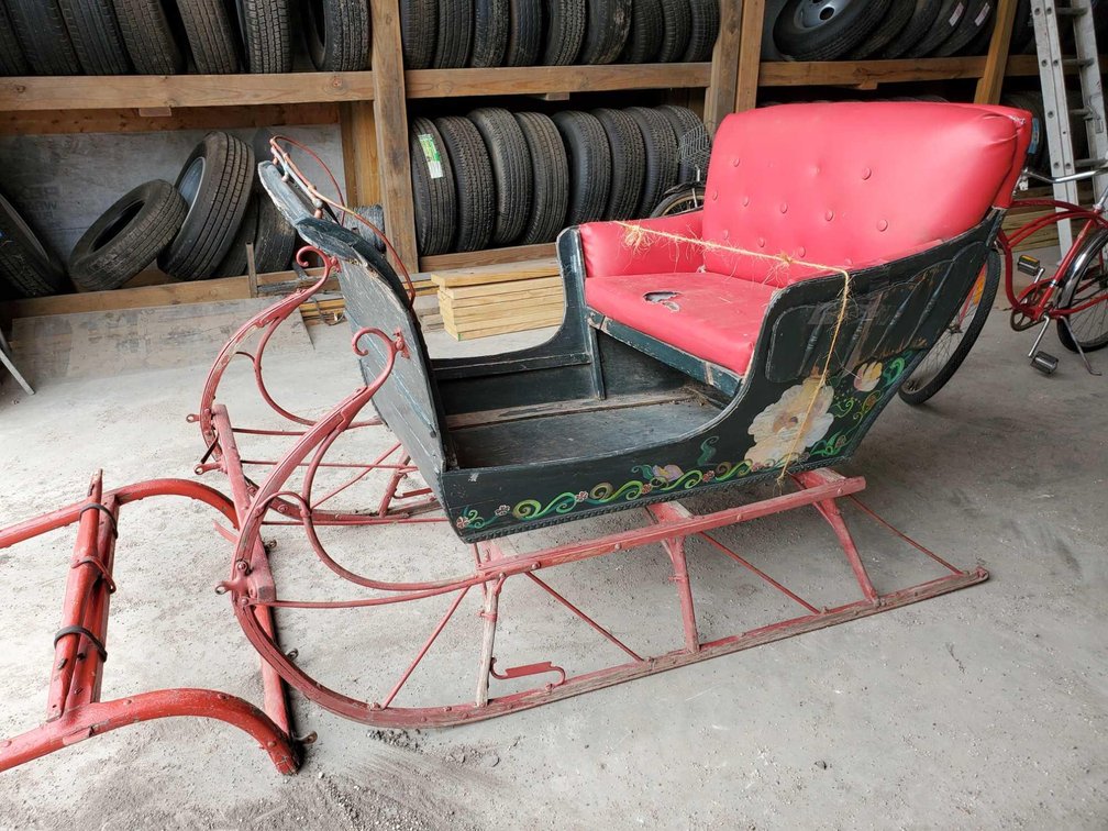 WOOD SLEIGH WITH ROSMALING PAINT  (FOUND IN BARN ON LAKE MINNETONKA)