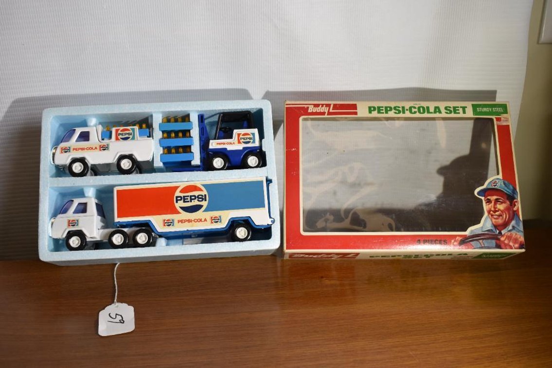 Buddy L Three Piece Set NIB Pepsi Delivery Truck, Forklift And Semi With Cases Of Pepsi Bottles