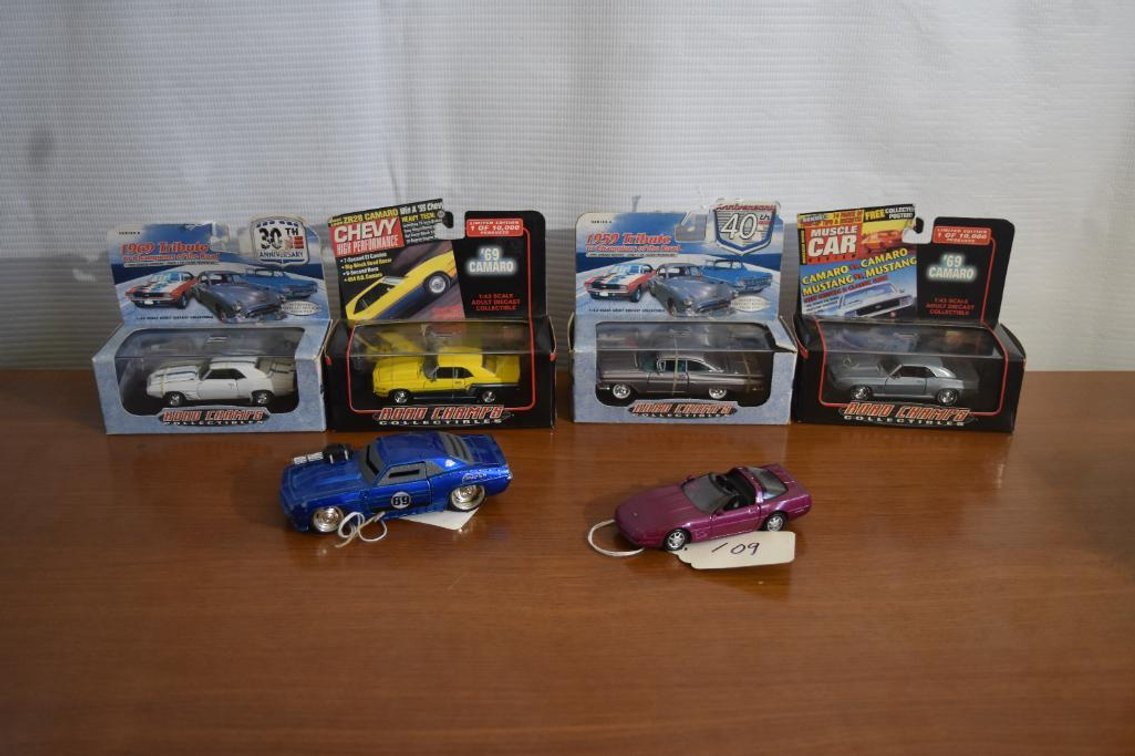 (2) 1/43 Road Champs 69 Camaros, (1) 69 Fire Bird, (1) 1959 Chevy Impala, Jade 1/32 69 Camaro armored car, 1/38 Maisto Corvette ZR1