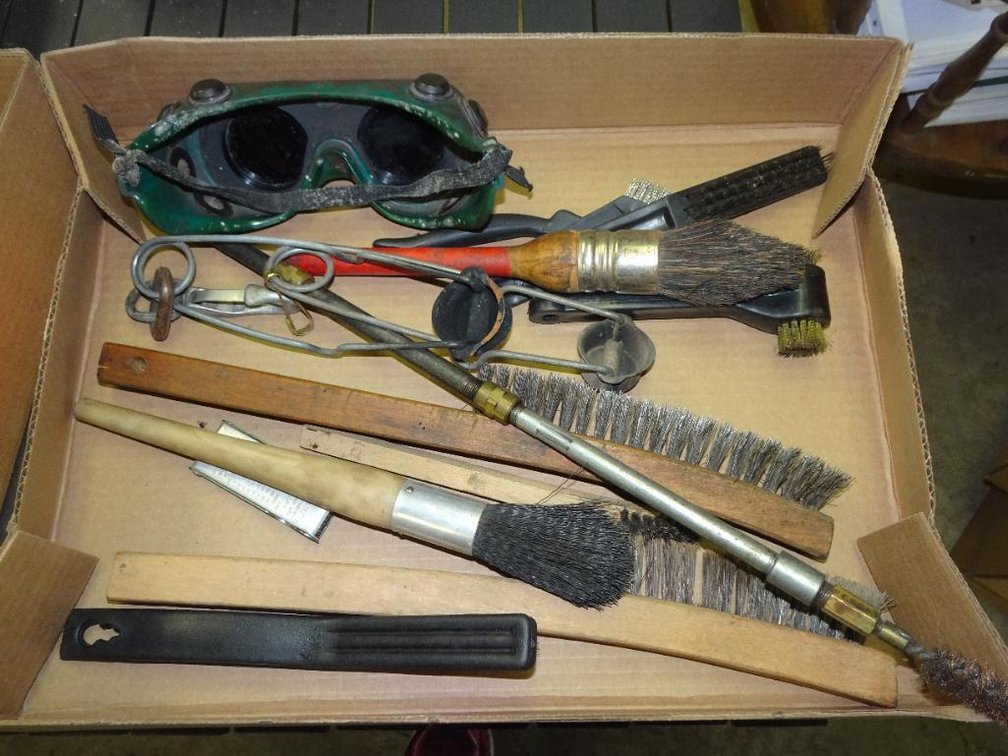 Box Of Assorted Brushes, Strikers And Welding Goggles