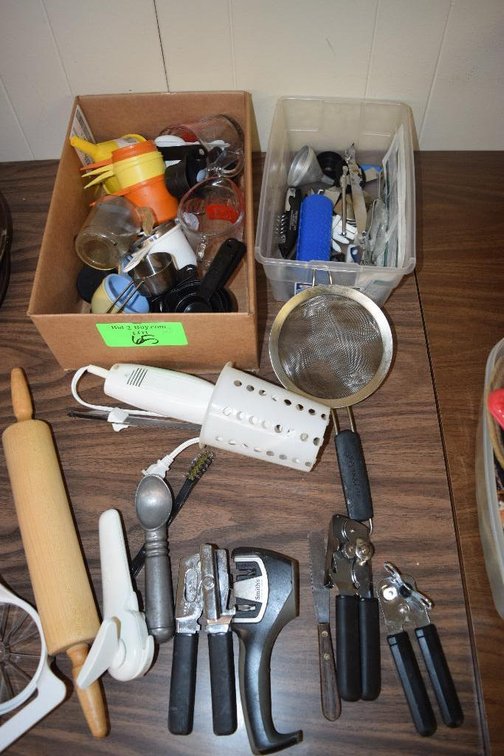 Assorted Oven Mitts, Pin Roller, Sifter, Vintage Ice Cream Scoop, Electric Meat Cutter, Measuring Cups And More