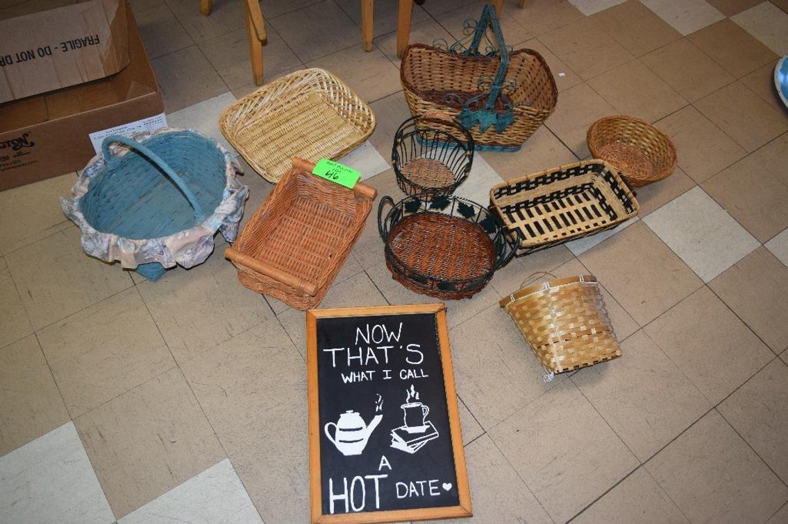 (9) Assorted Wicker Baskets With (1) Chalk Board