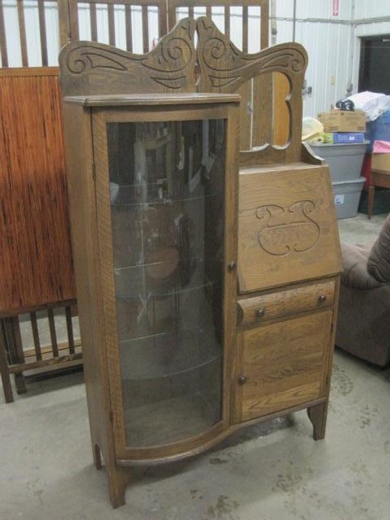 Oak Curved Glass Drop front Secretary 36" w x 64" t