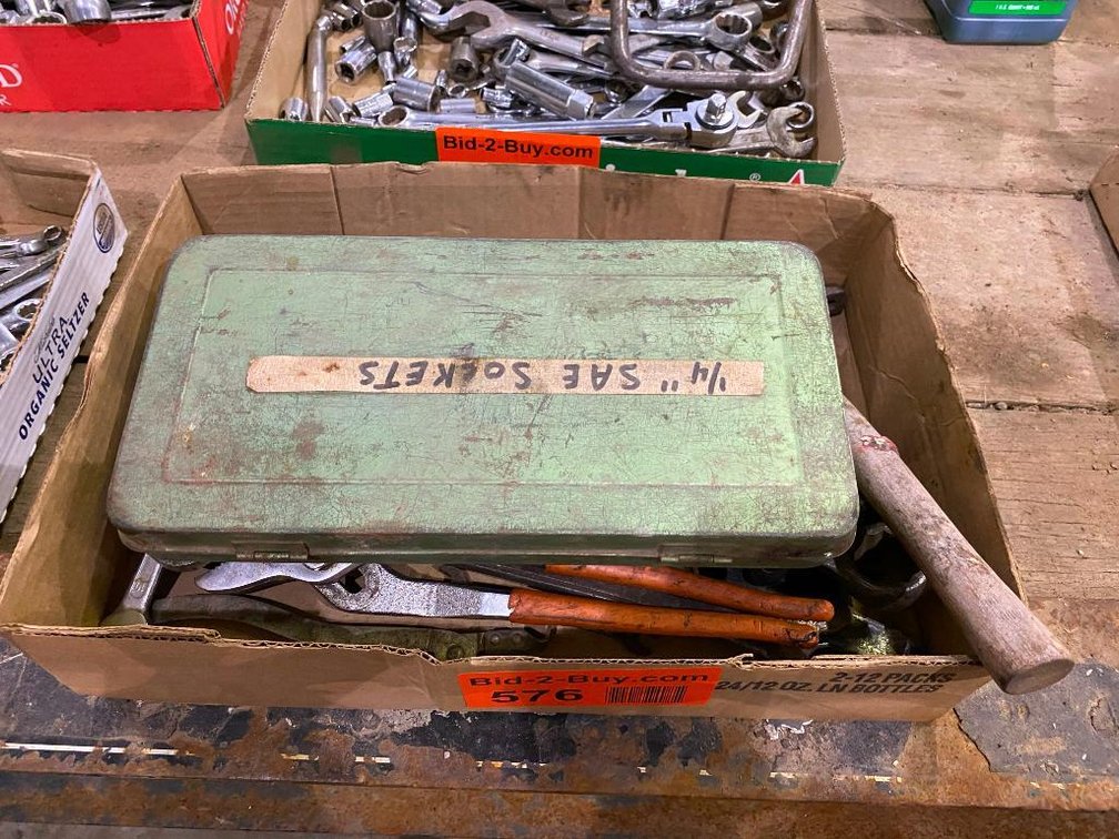 Box With Assorted Wrenches, Channel Locks, Universal Chuck And More