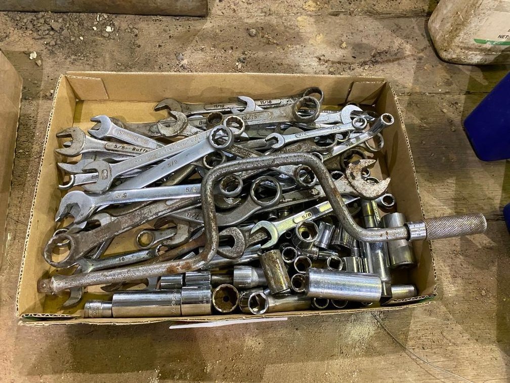 Box of Assorted 3/8" Sockets With Assorted Wrenches From 3/8"-13/16"