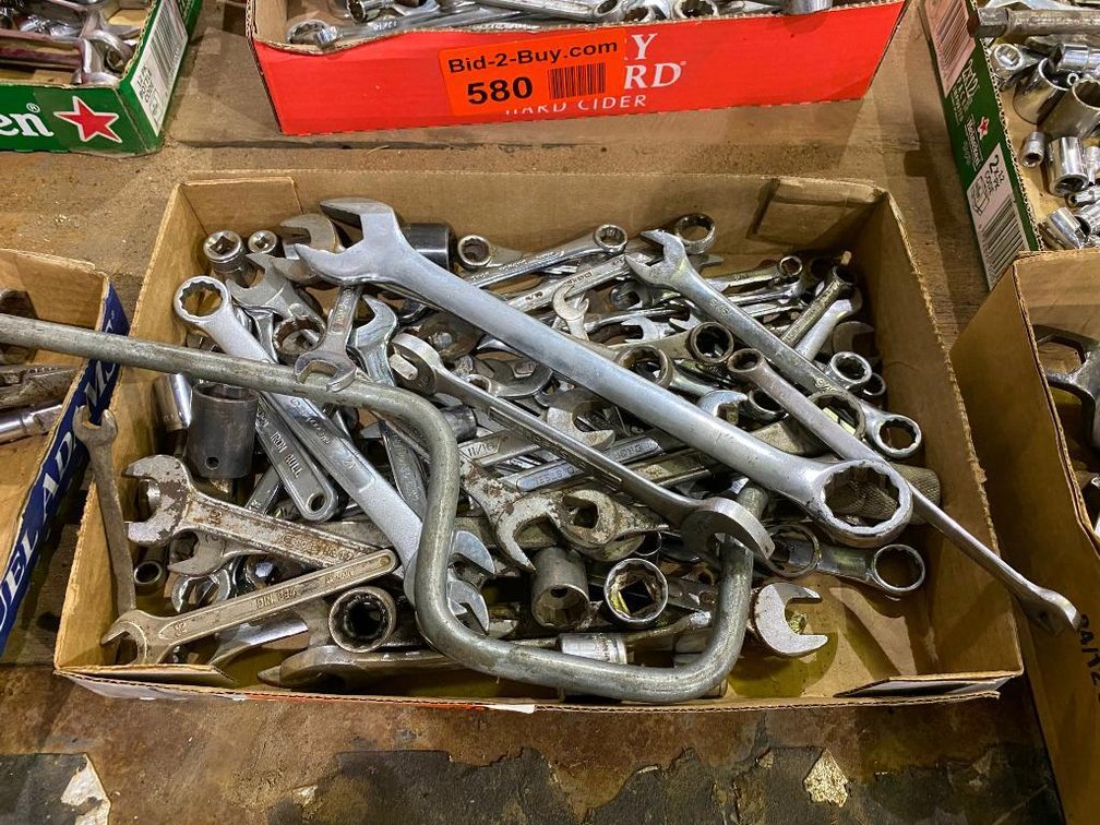 Box of Assorted Wrenches And Some Sockets; Sizes 5/16"-1"