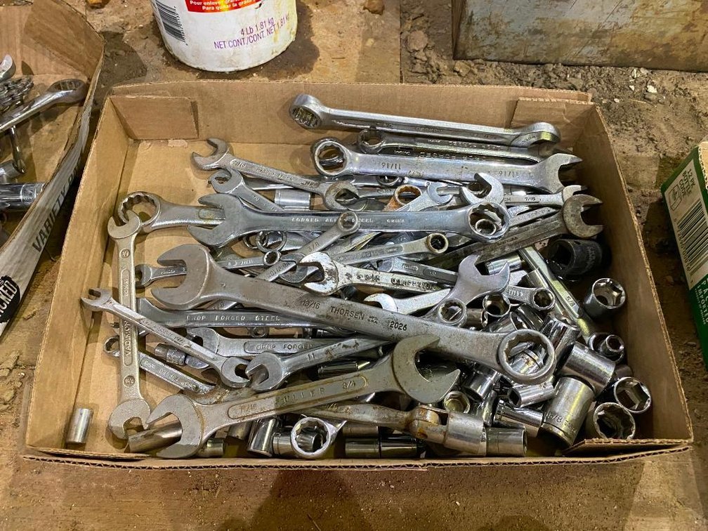 Box of Assorted Wrenches And Some Sockets; Sizes 3/8"-13/16"