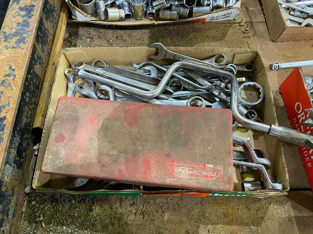 Box of Assorted Wrenches 7/16"-1 14", 3/8" Drive Sockets And Ratchets