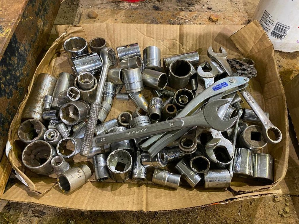 Box With Assorted 1/2" Drive Sockets, 3/8" Ratchet And Metric/SAE 3/8"-1 1/4" Wrenches