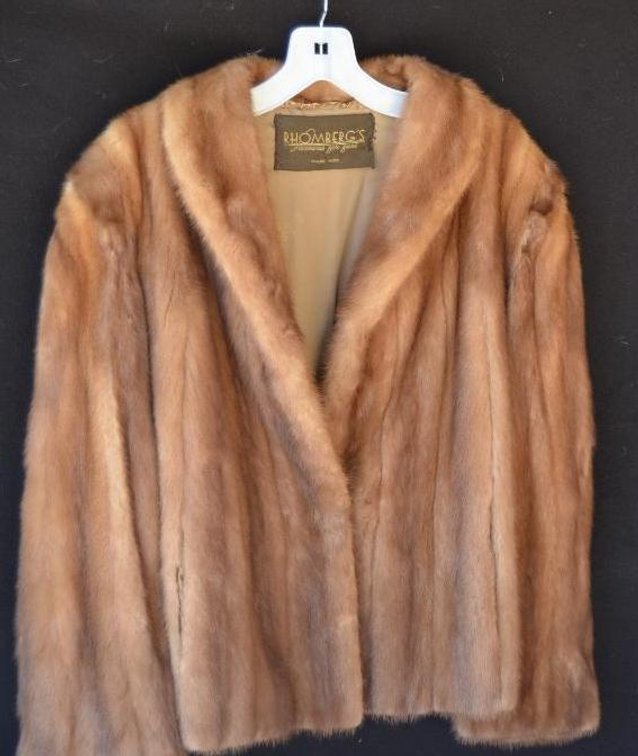 RHOMBERG'S FUR JACKET, APPROXIMATELY SIZE SMALL, SMALL TEAR IN SHOULDER AREA SEAM