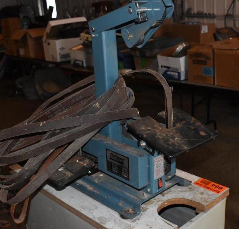 RELIANT BELT SANDER ON STAND, ELECTRIC, 1/2 HP MOTOR, ADDITIONAL BELTS