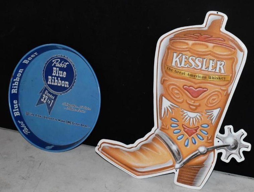 KESSLER ADVERTISING TIN TACKER AND PABST BLUE RIBBON ROUND SERVING TRAY