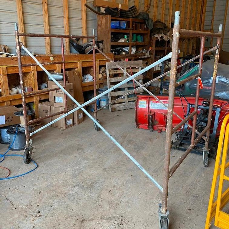 (3) Sets of 5' Wide x 5' Tall Scaffolding, (1) Set of Wheels, (4) 8' Crossbeams