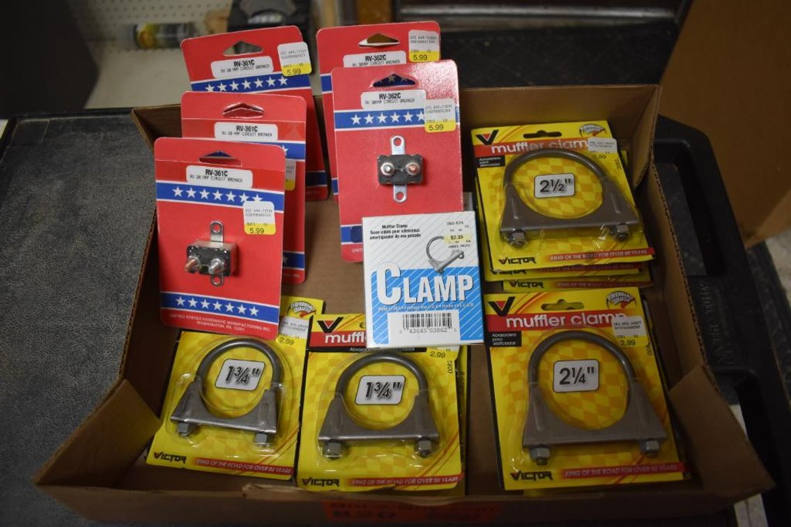(8) Muffler Clamps 1-3/4" To 2-1/2", (2) 30 Amp And (3) 20 Amp Rv Circuit Breakers