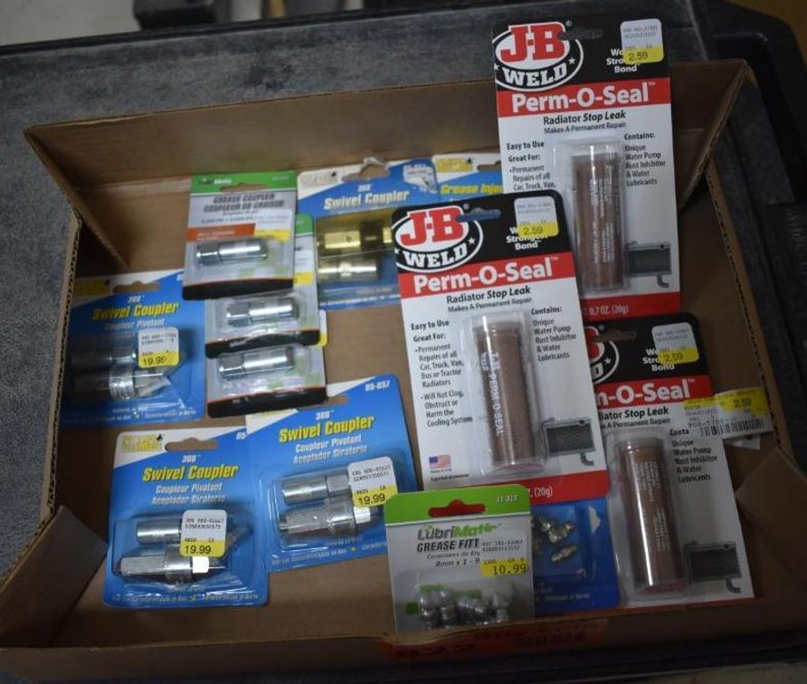 (3) Grease Couplers, (3) Swivel Couplers, (3) JB Weld Radiator Stop Leaks And (2) Boxes Of Grease Fittings