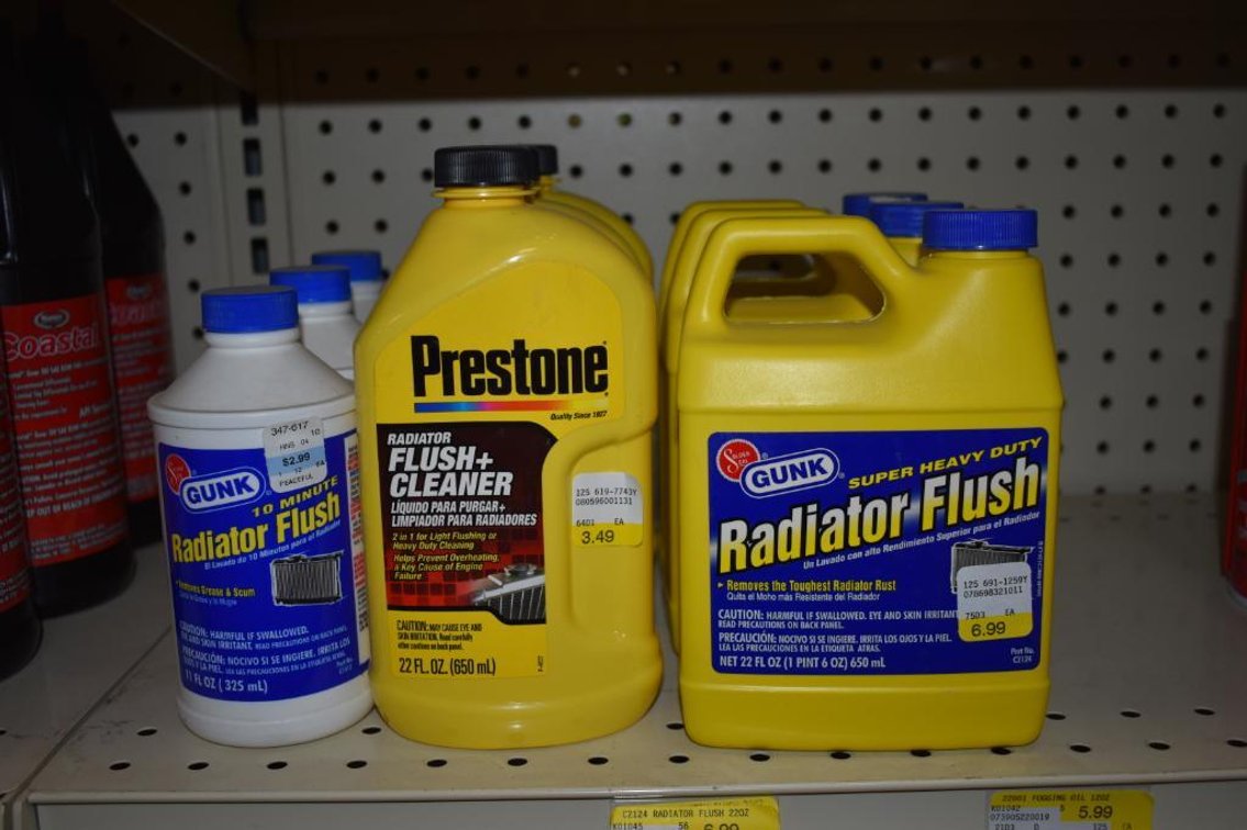 (3) Gunk 22oz. Radiator Flush Jugs, (3) Prestone 22oz. Radiator Flush And Cleaner Jugs And (3) Gunk 11 Oz. Radiator Flush Jugs