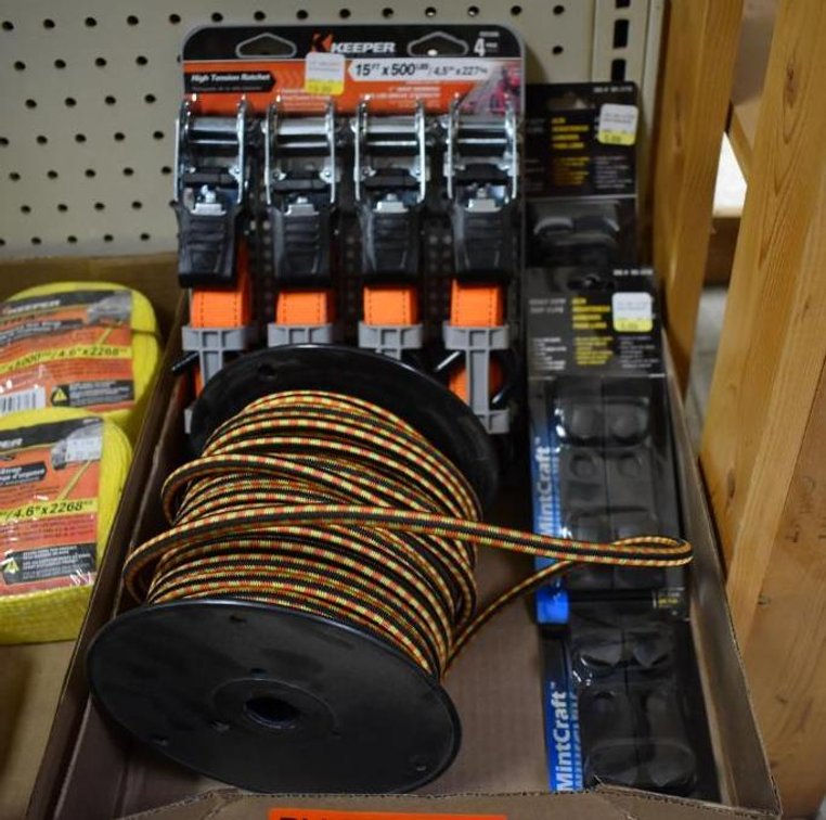 4 Pack Of Keeper 1"x15' Straps, Bungee Cord Roll And Mintcraft Heavy Duty Tarp Clips