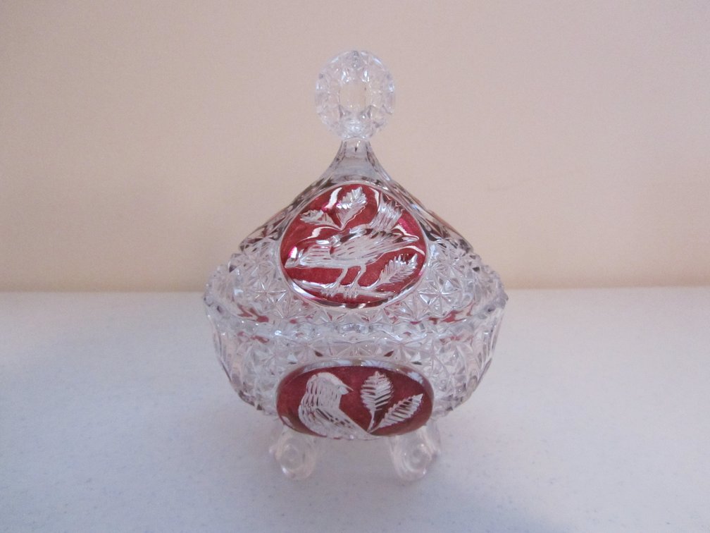 Unique Footed Crystal Glass Candy Dish w/Lid