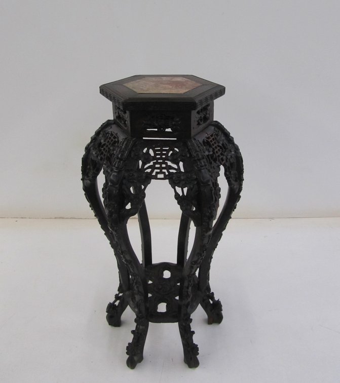 19th Century Antique Chinese Hand Carved Hardwood Table/Stand With Marble Inlay