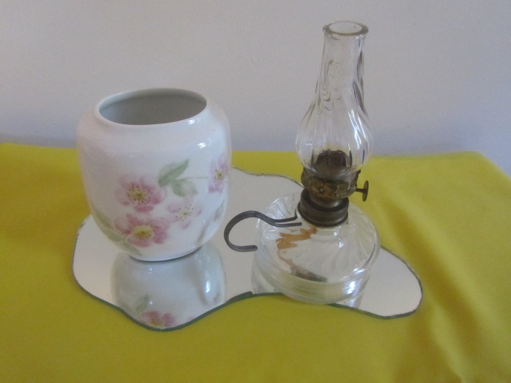 6" Glass Oil Lamp, Bavaria Germany Vase, And Mirrored Tray