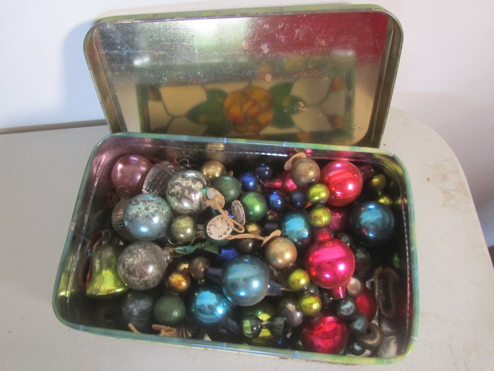 Tin Full Of Vintage Christmas Ornaments