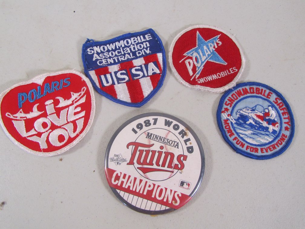 (4) Snowmobile Patches And 1987 MN Twins World Champions Pin