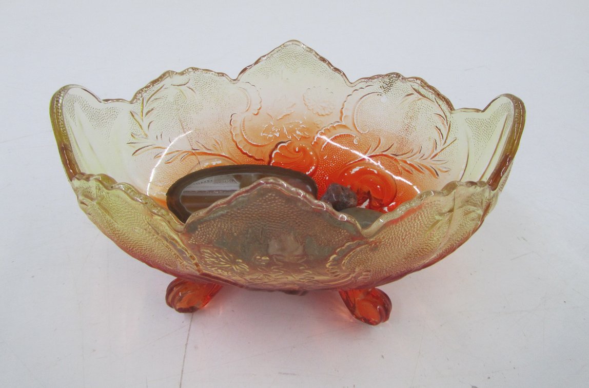 Carnival Glass Footed Dish w/Assorted Polished Agates