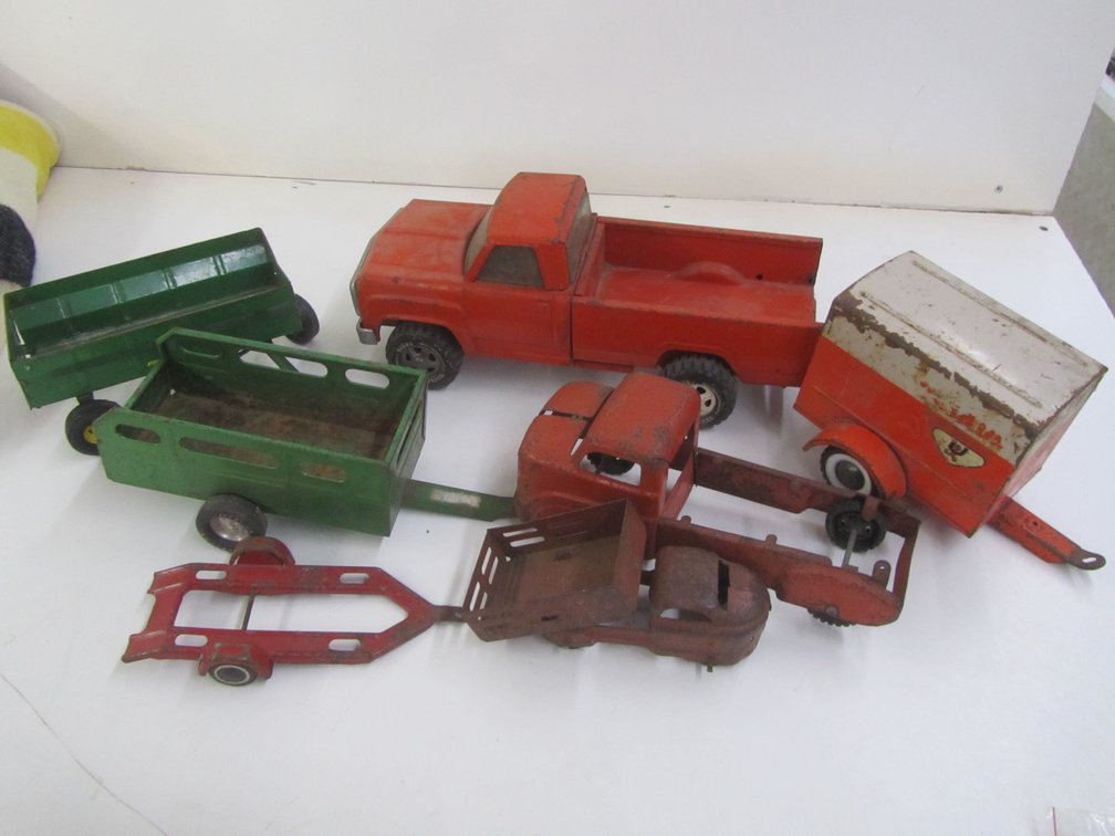 Lot Of Vintage Pressed Steel Toy Trucks And Trailers