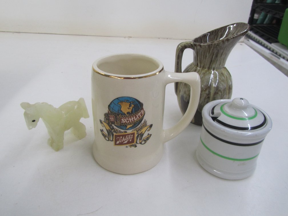 Schlitz Mug, Small Glazed Pottery Pitcher, Onyx Stone Horse Figure, And More
